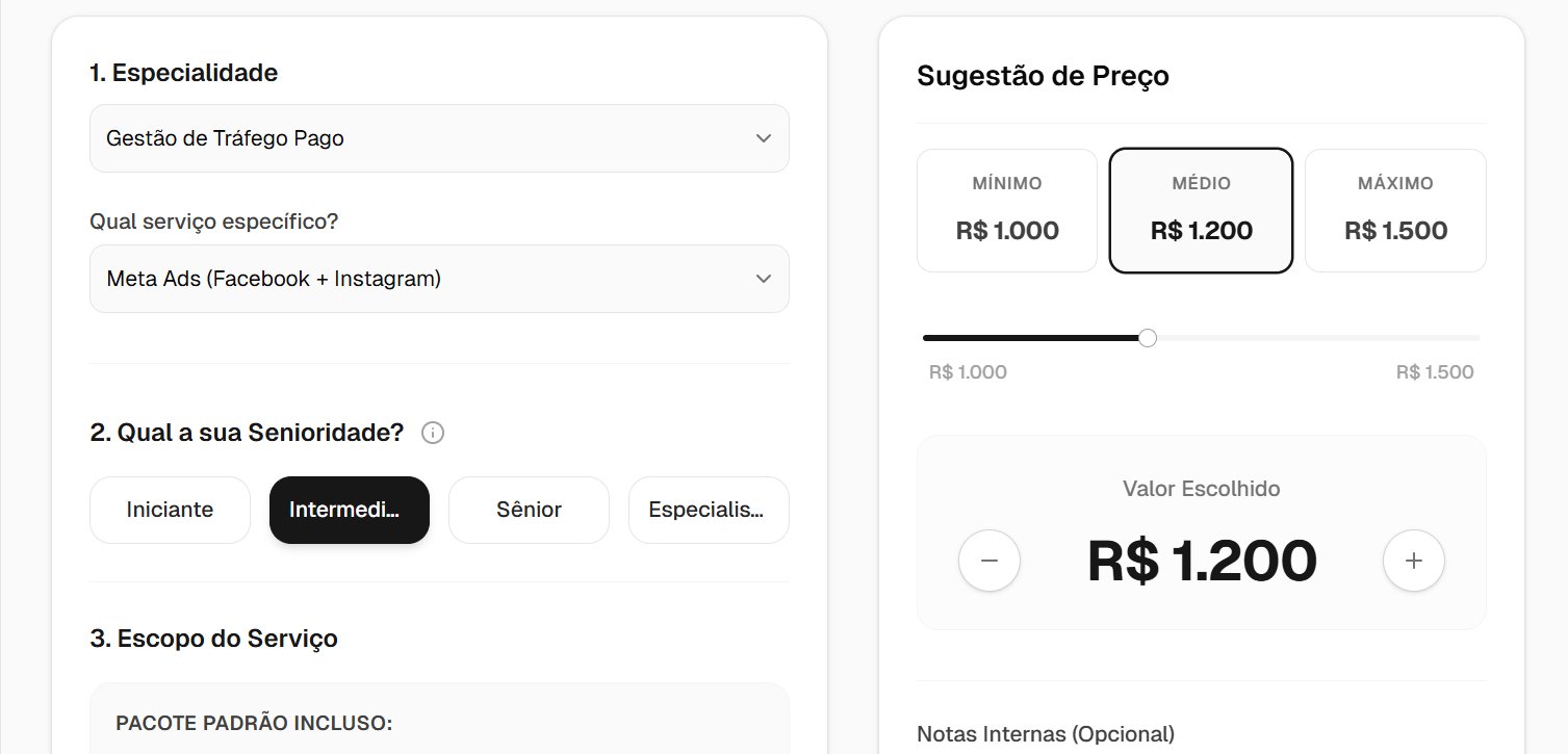 Tela de sugestão de preço por benchmark